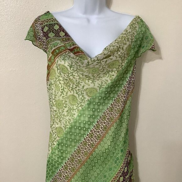 Vintage Y2K Green Romantic Fairycore Patchwork Draped Fairy Midi Dress Sz 10 - Picture 3 of 9